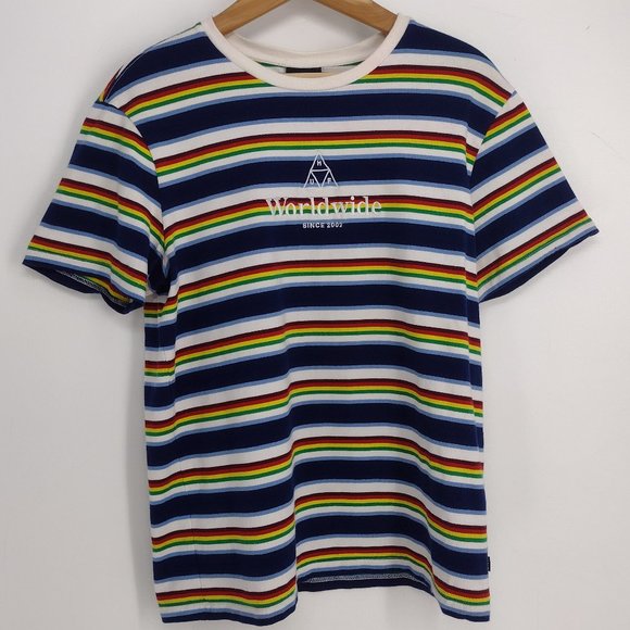 HUF Worldwide Rainbow Striped Embroidered Skate T-Shirt - Picture 1 of 6